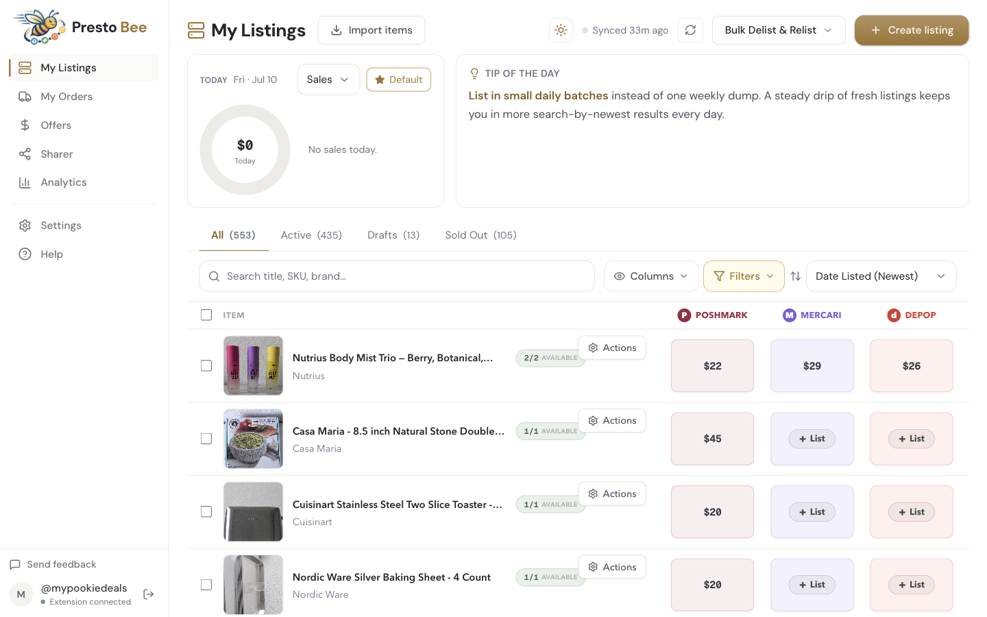 The Presto Bee My Listings workspace: items cross-listed to Poshmark, Mercari and Depop with per-platform prices, a daily sales summary and Tip of the Day.